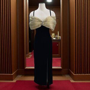 Frenze Black Velvet Gown Small Gold Bow Strapless Formal Evening Party Dress